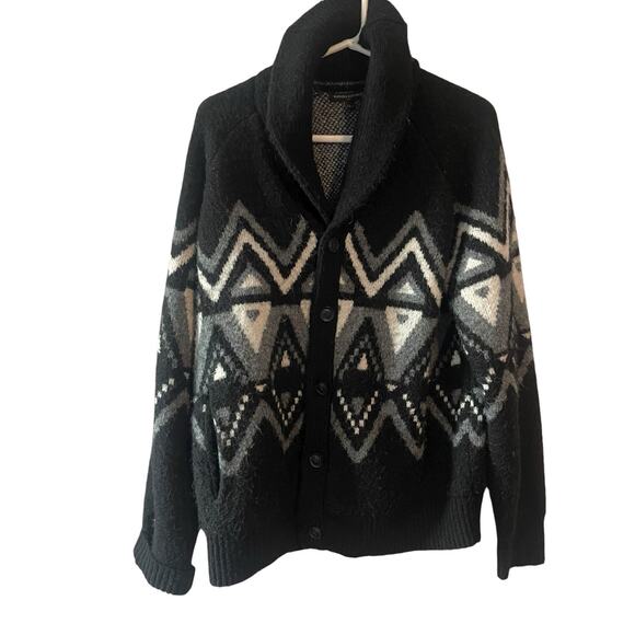 Banana Republic Men Shawl Collar Cardigan Sweater Tribal Aztec Knit Black Large - Picture 1 of 7
